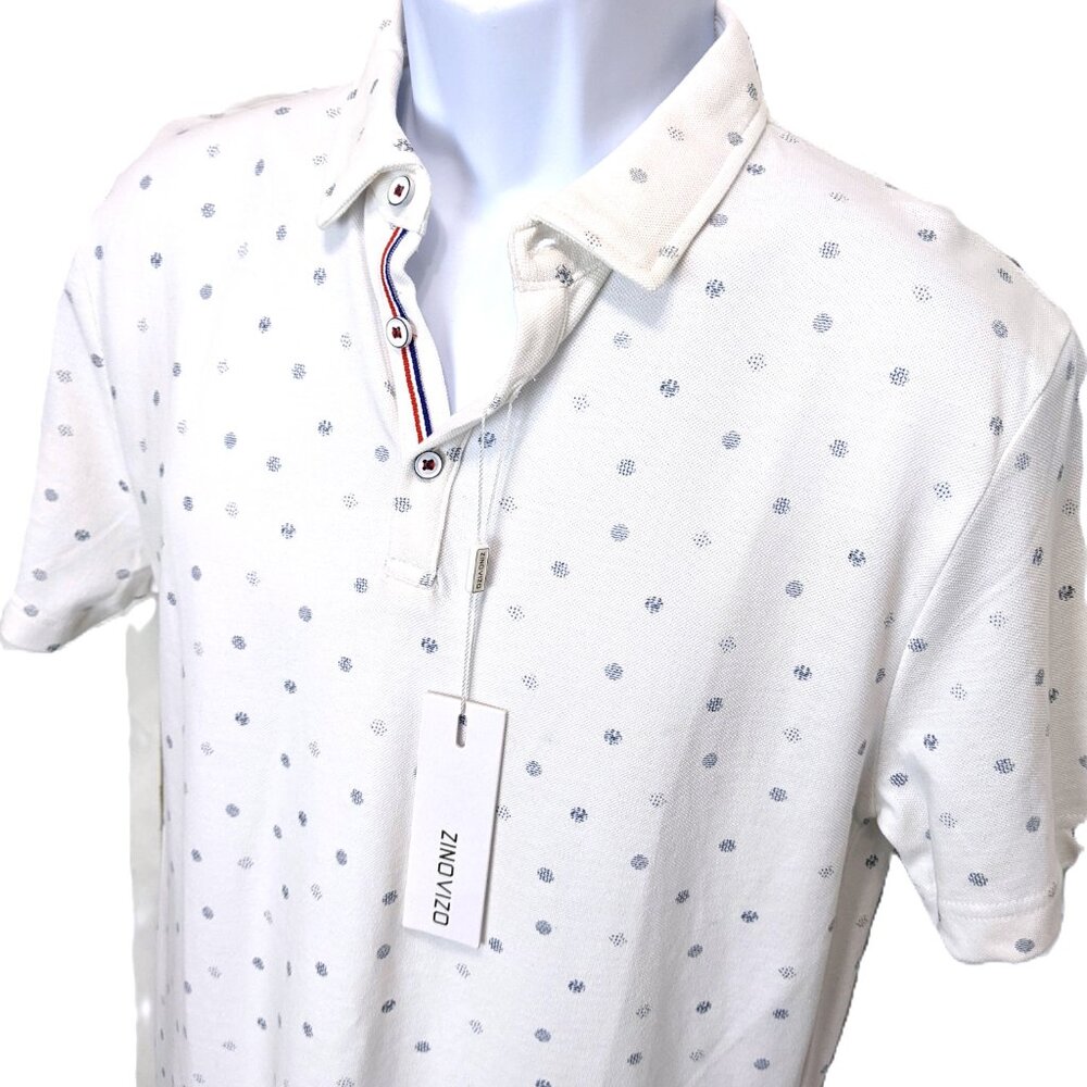 Mens White Cotton Polo Shirt Nautical Blue dots Size Large Golf NWT